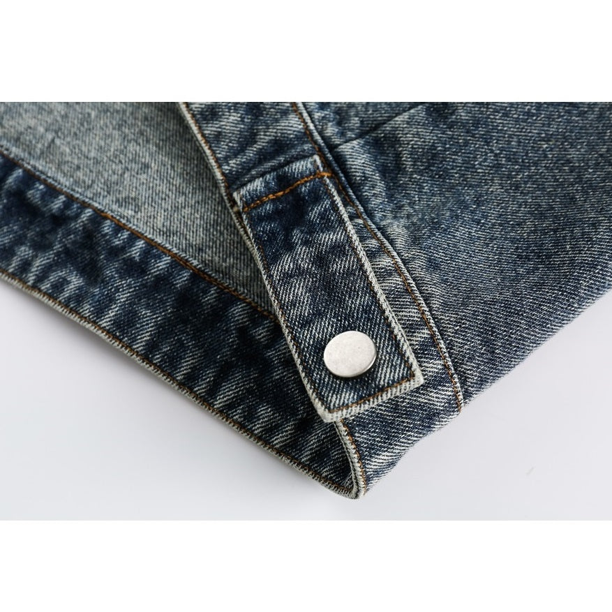 Stand Collar Vintage Wash Biker Denim Jacket SP7004