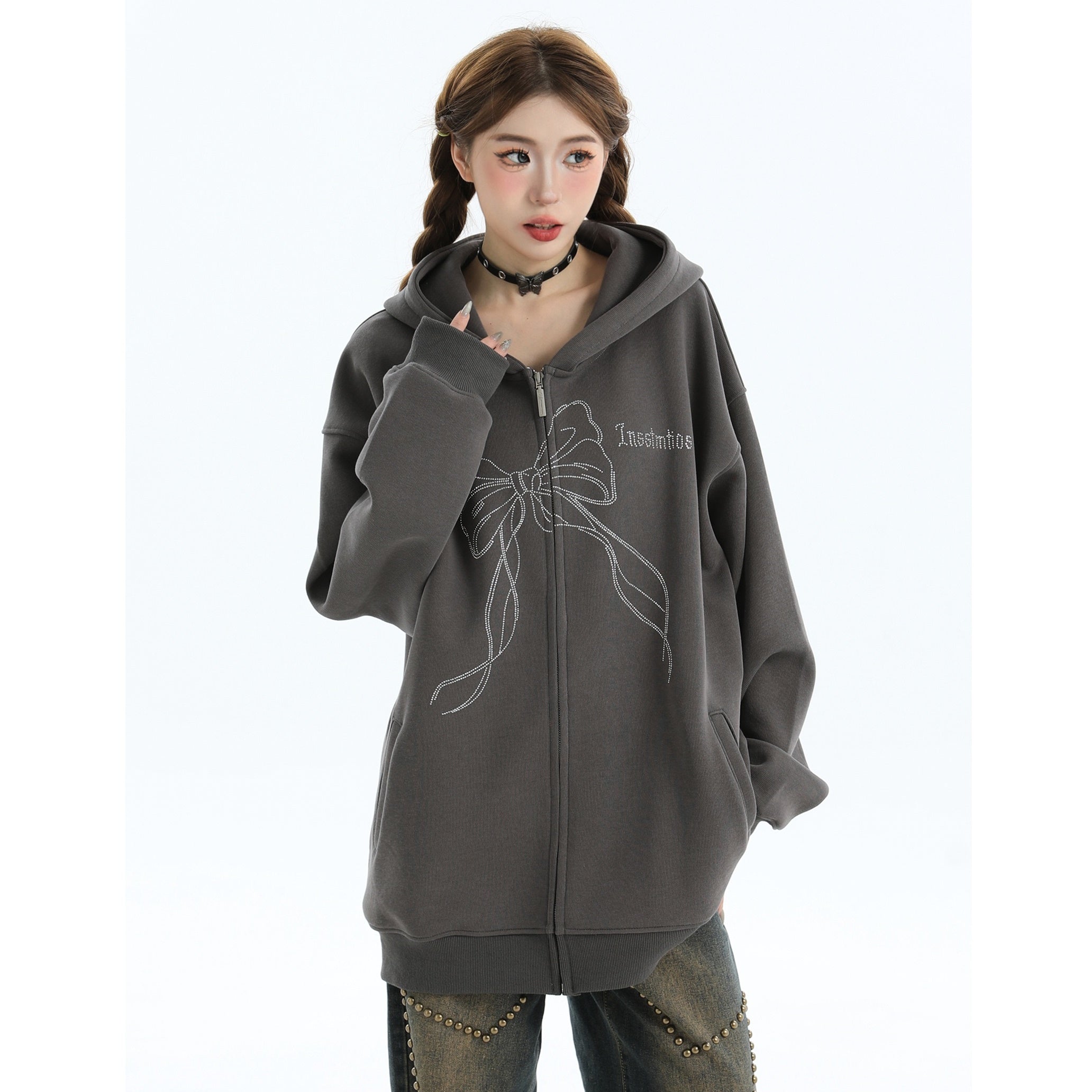 Rhinestone Bow Logo Loose Hooded Zip Parka IN7012