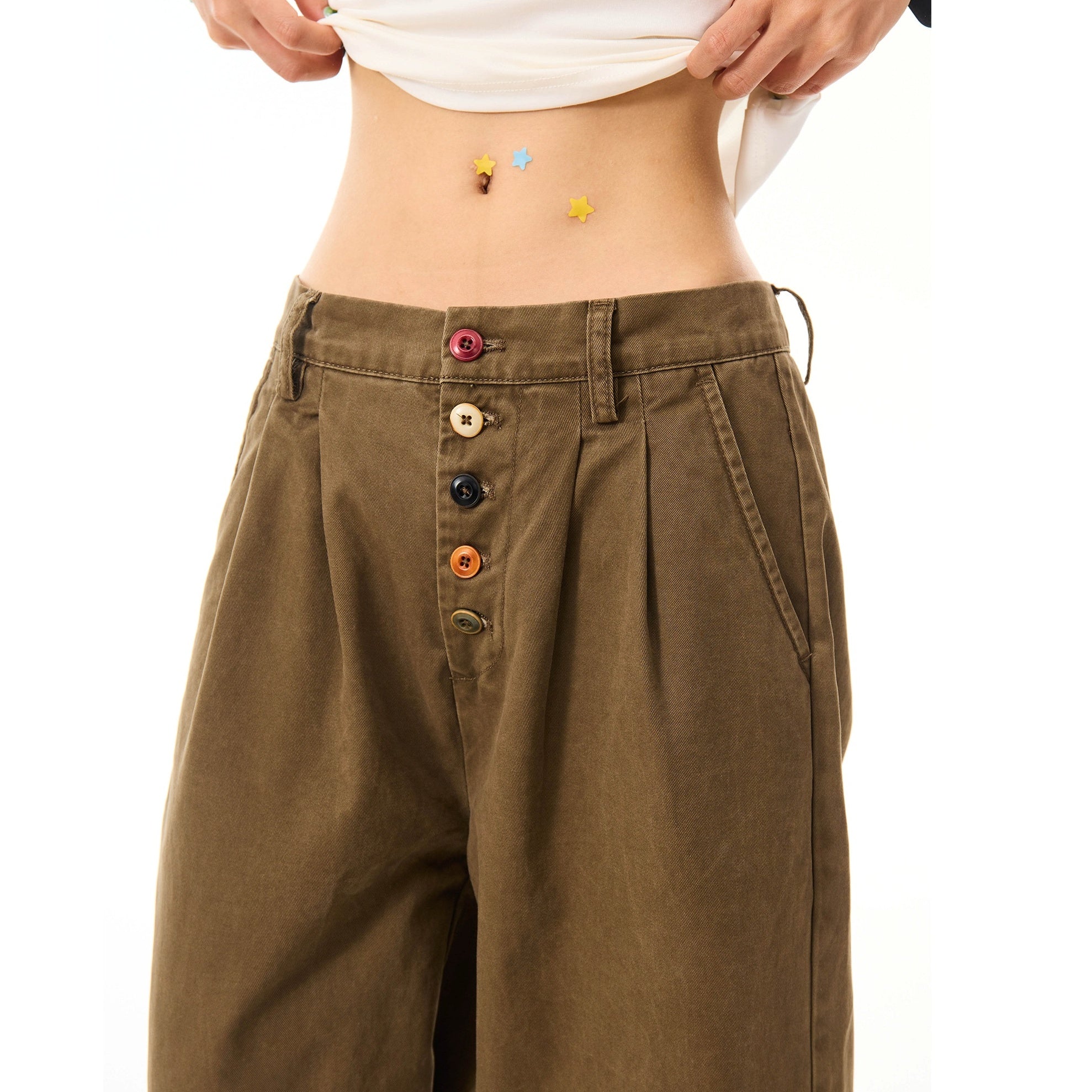 Color Button Wide Straight Pants MW10099