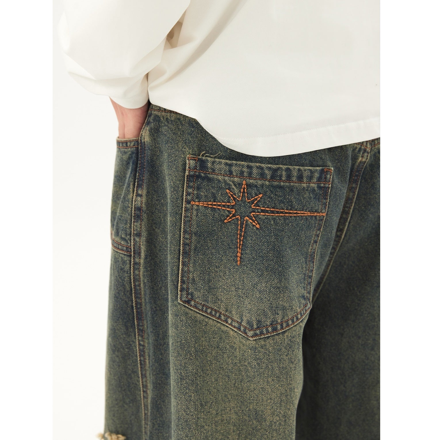 Retro Washed Ripped Straight Raw Edges Jeans NJ1002