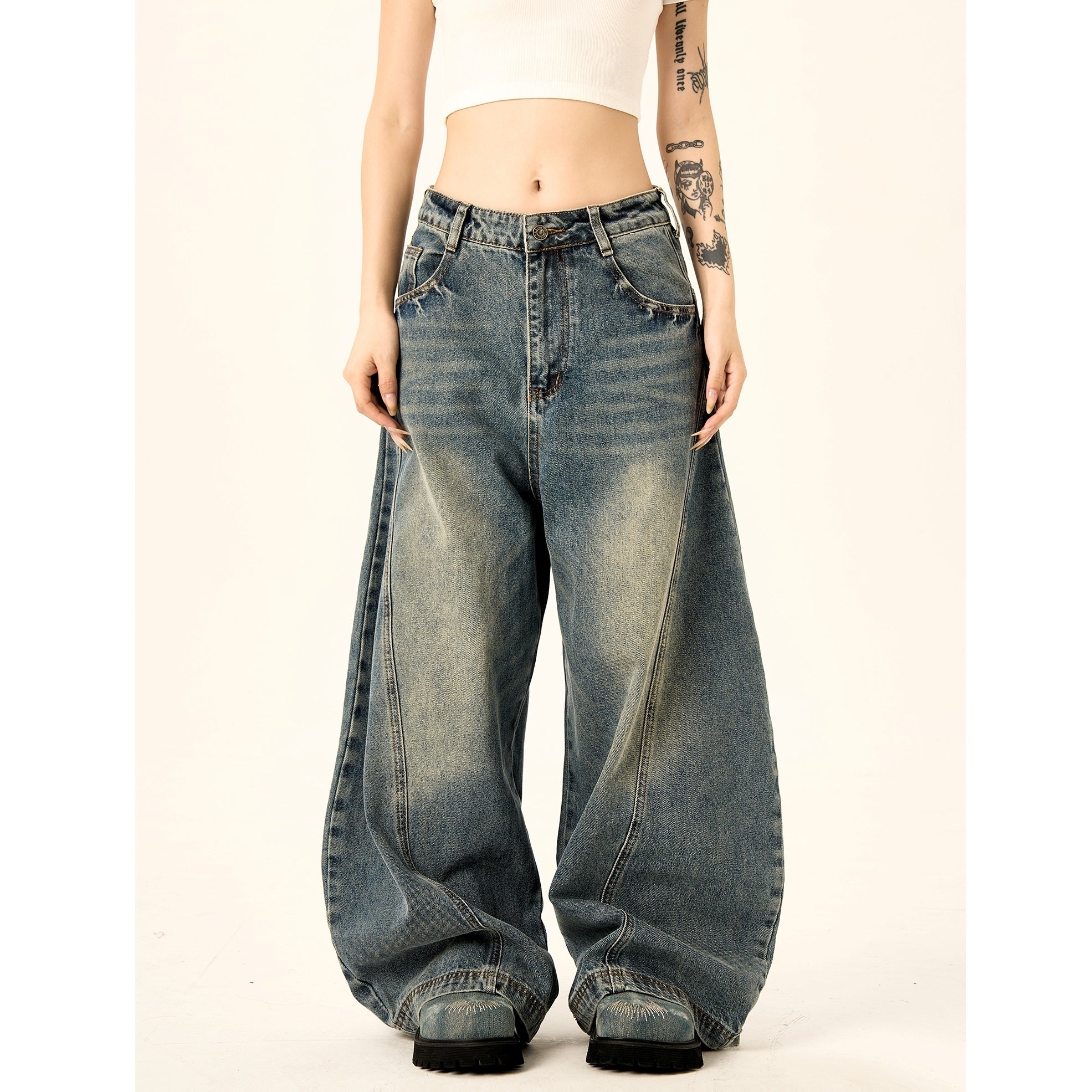 Balloon Wide-leg Switching Wash Jeans HG7125