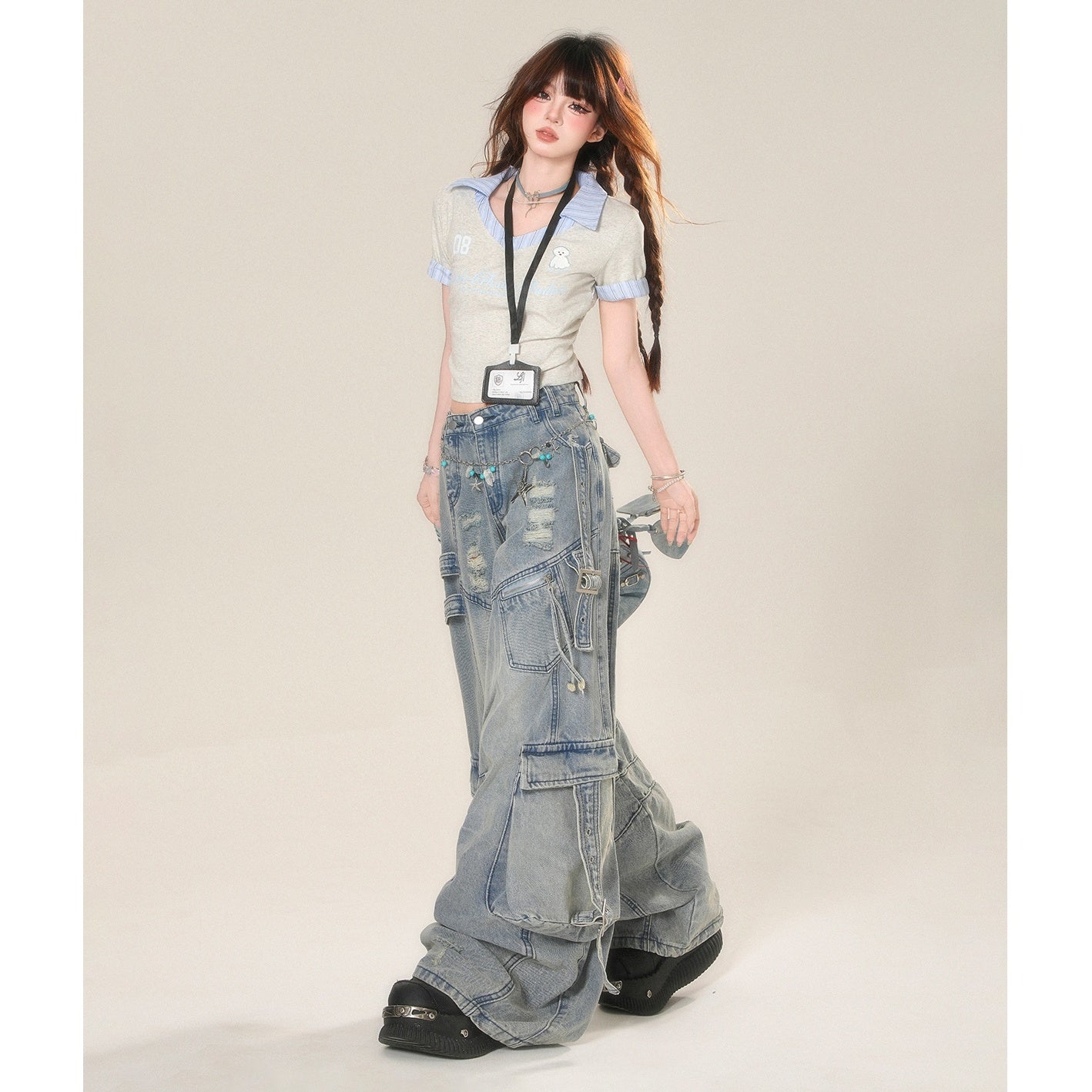 Ripped Wide Buggy Cargo Jeans KK2056