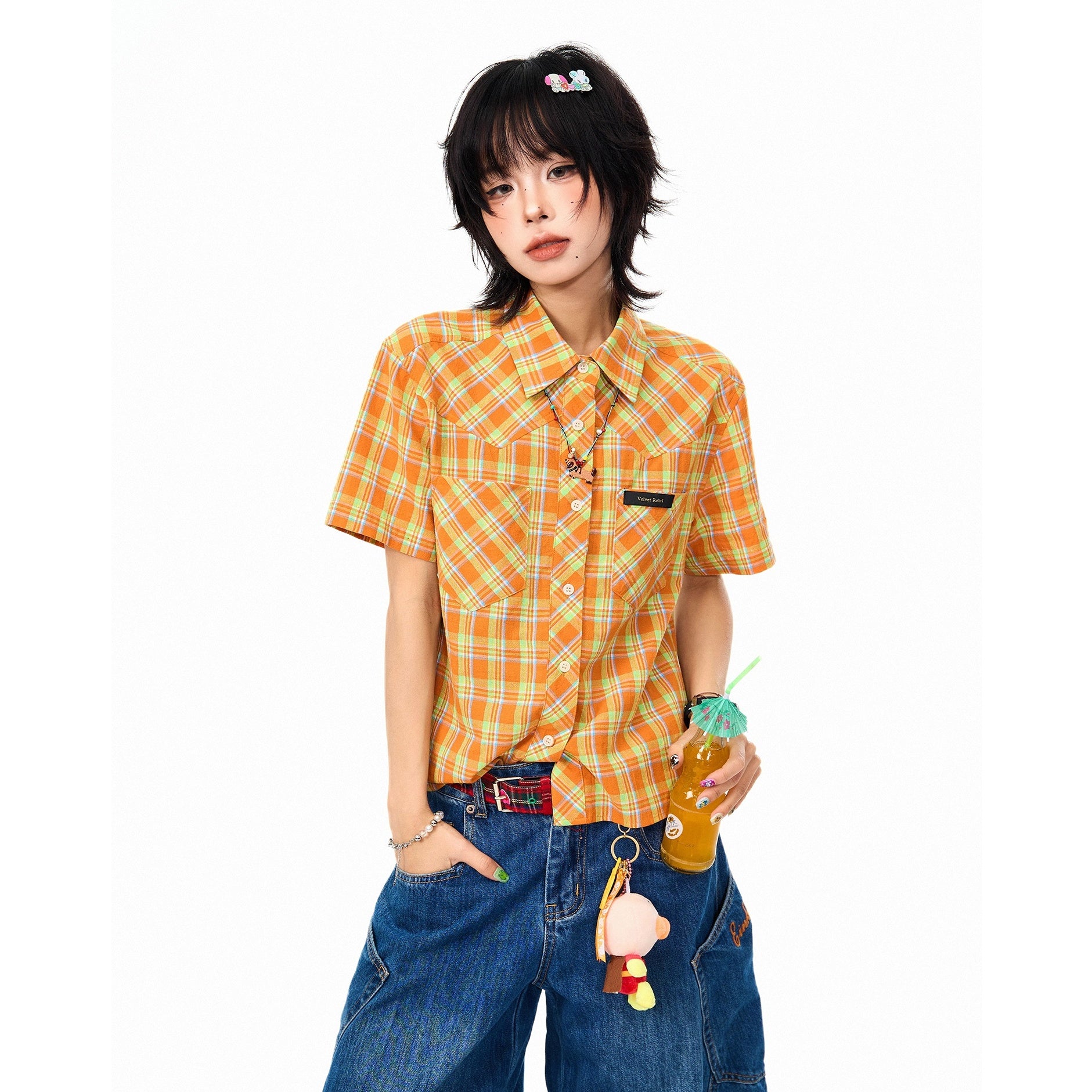 Plaid Short Sleeve Cropped Shirt MW10101