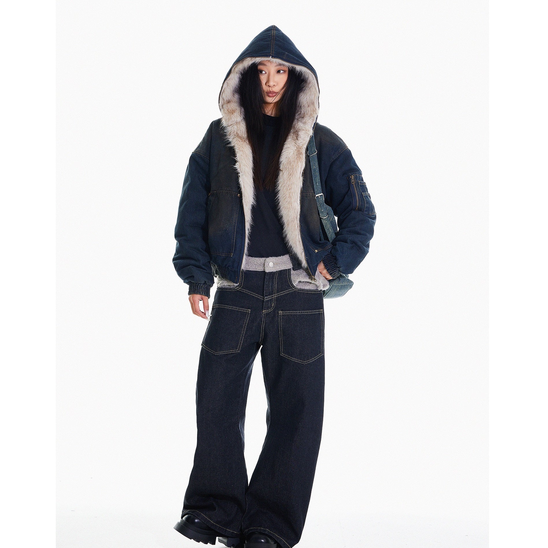 Fur Stitch Denim Hooded Quilting Jacket HG7198