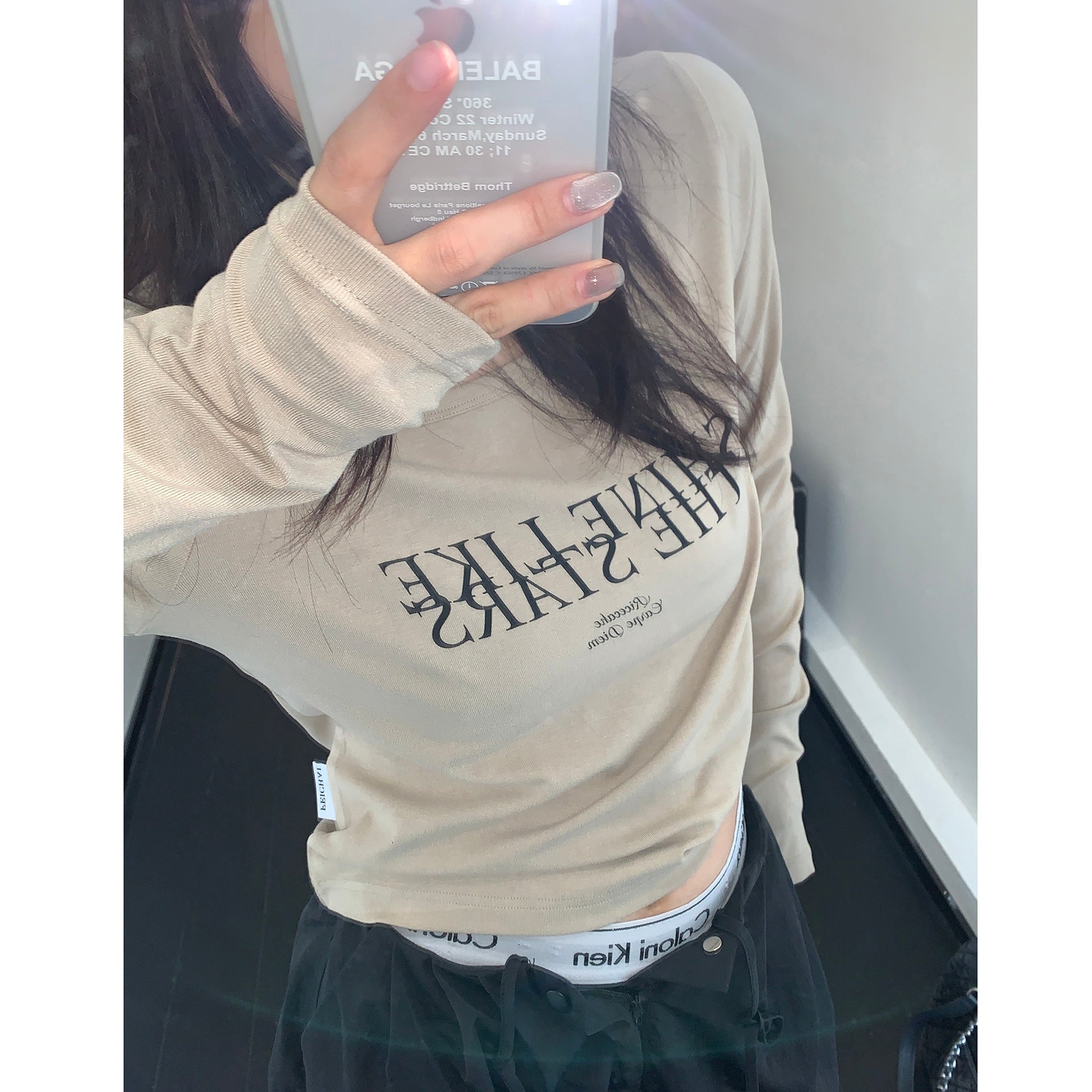 Slim Square Collar Letter Long T-shirt MW9311