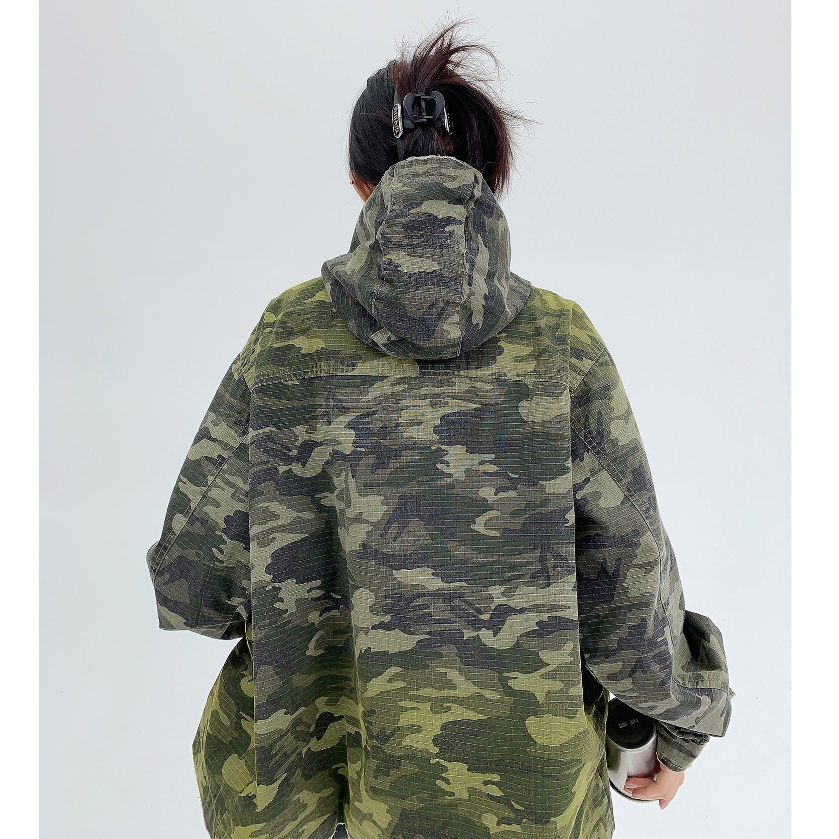 Military Design Distressed Camouflage Hooded Jacket MW9572