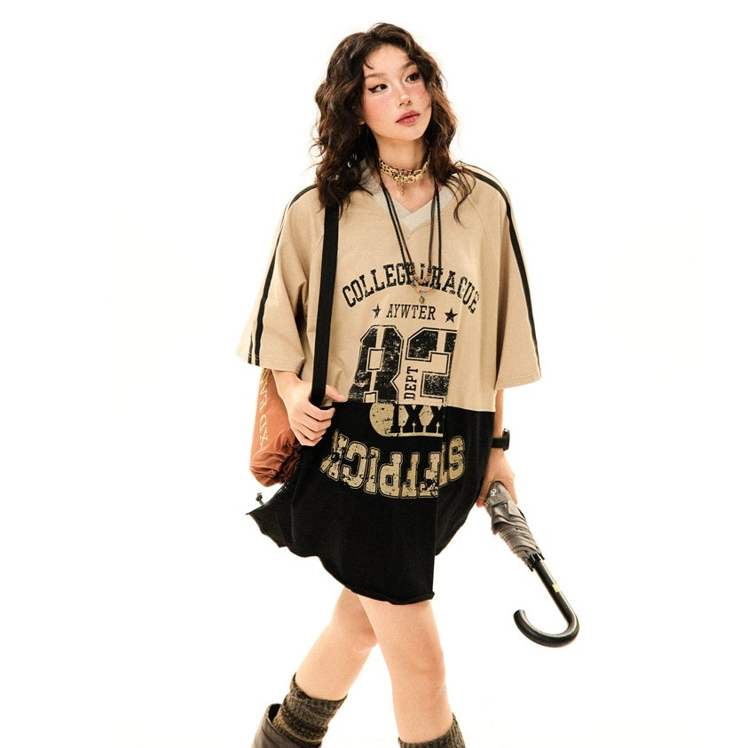 V-Neck Bicolor College Design OverSize T-shirt YS7004