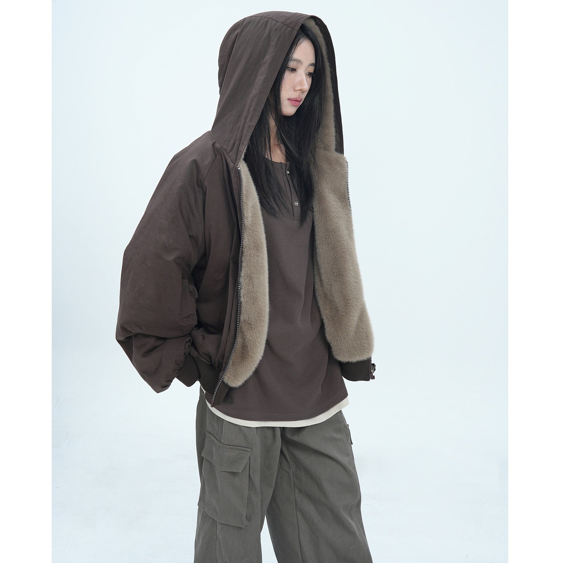 Fur Liner Washed Zip Hooded Jacket MW9671