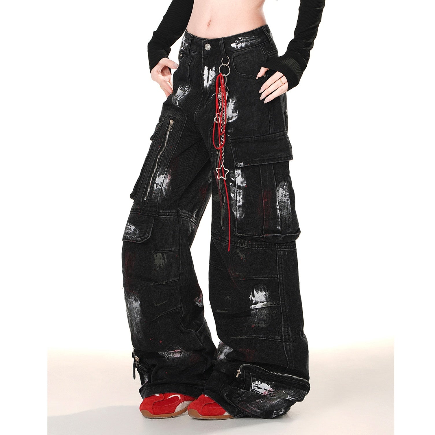 Paint Wide-Leg Zipper Cargo Jeans KK2055