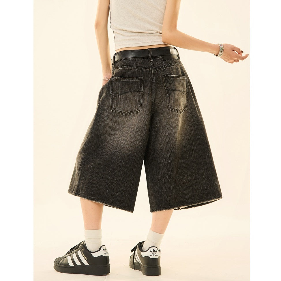 Vintage Wash Distressed Denim Wide-leg Cropped Pants MW9267