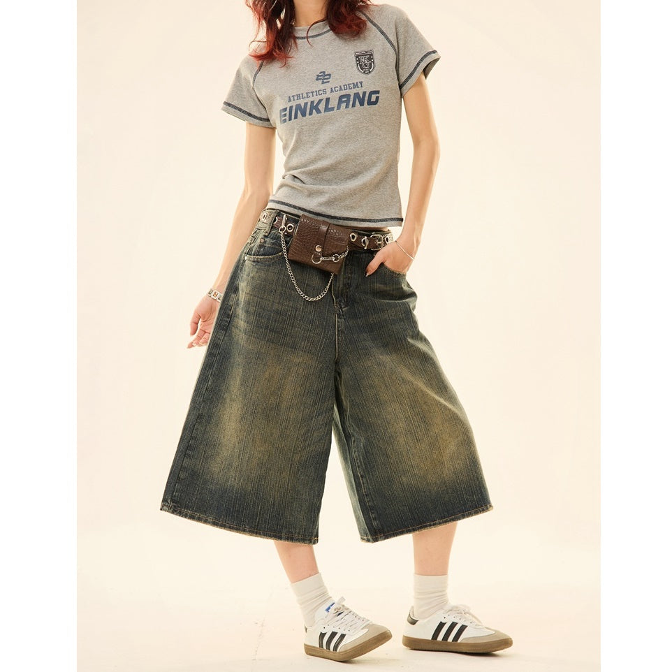 Vintage Wash Distressed Denim Wide-leg Cropped Pants MW9267