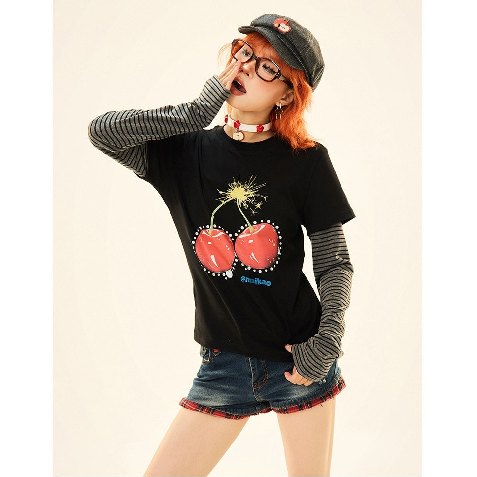 Cherry Print Fake Layered Long Sleeve T-Shirt MW9330