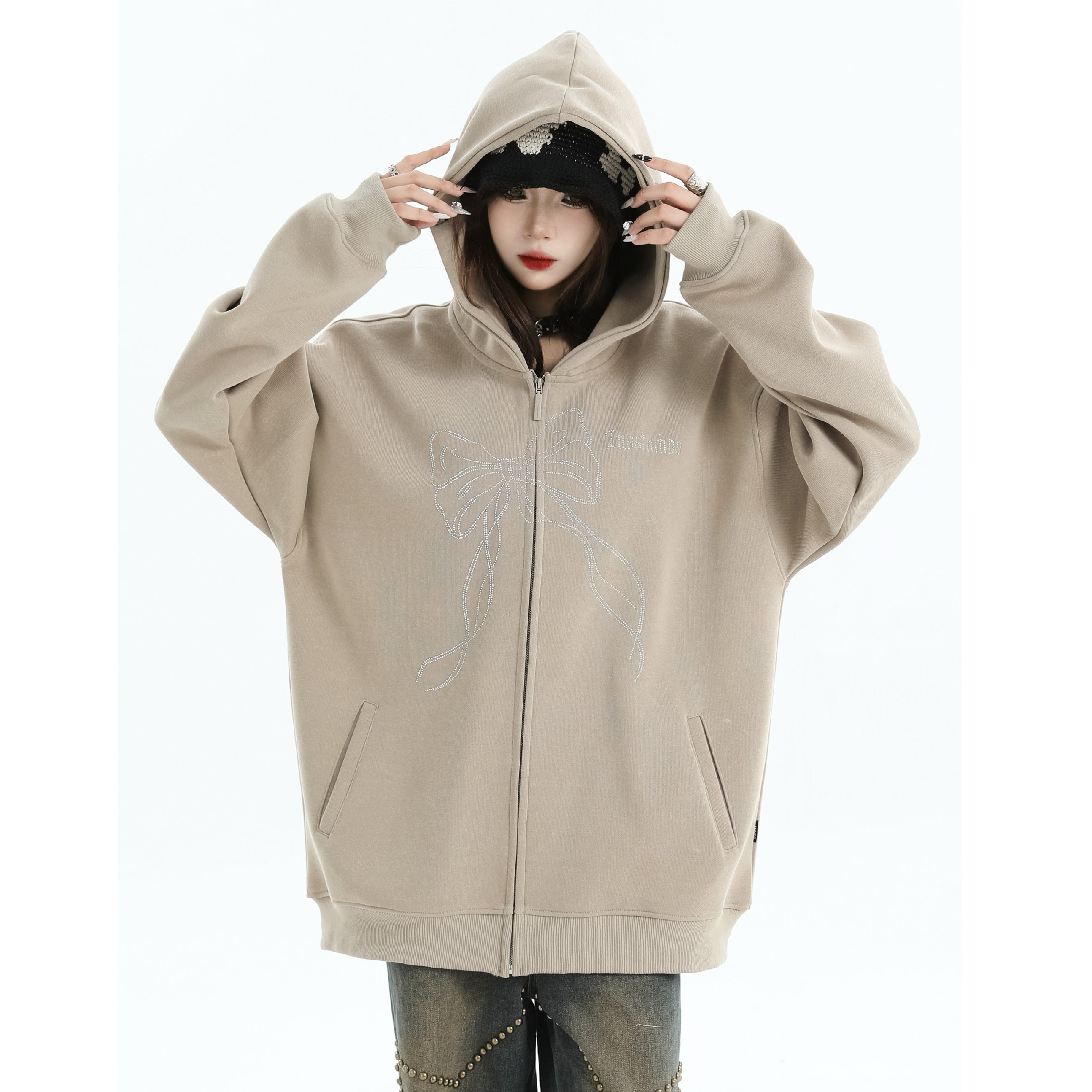 Rhinestone Bow Logo Loose Hooded Zip Parka IN7012