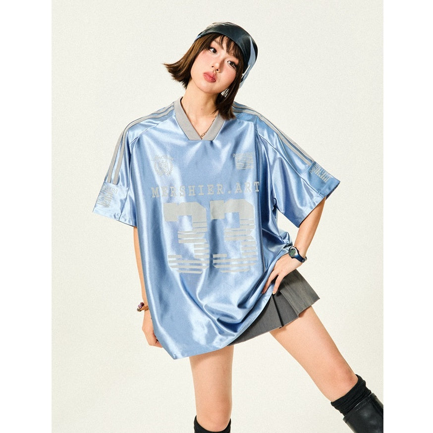 Loose V-Neck Sports Style Shiny T-Shirt YS7003