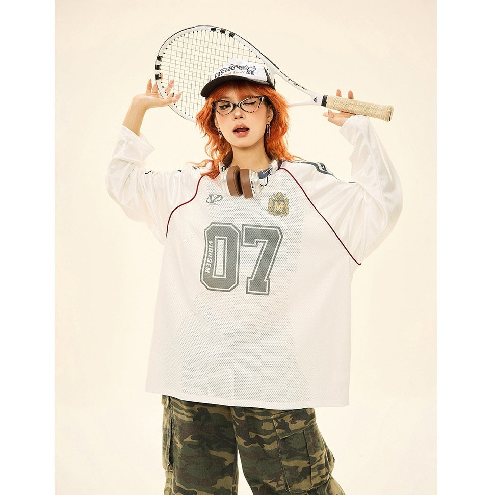 Letter Print Mesh Switching Long Sleeve T-shirt MW9345