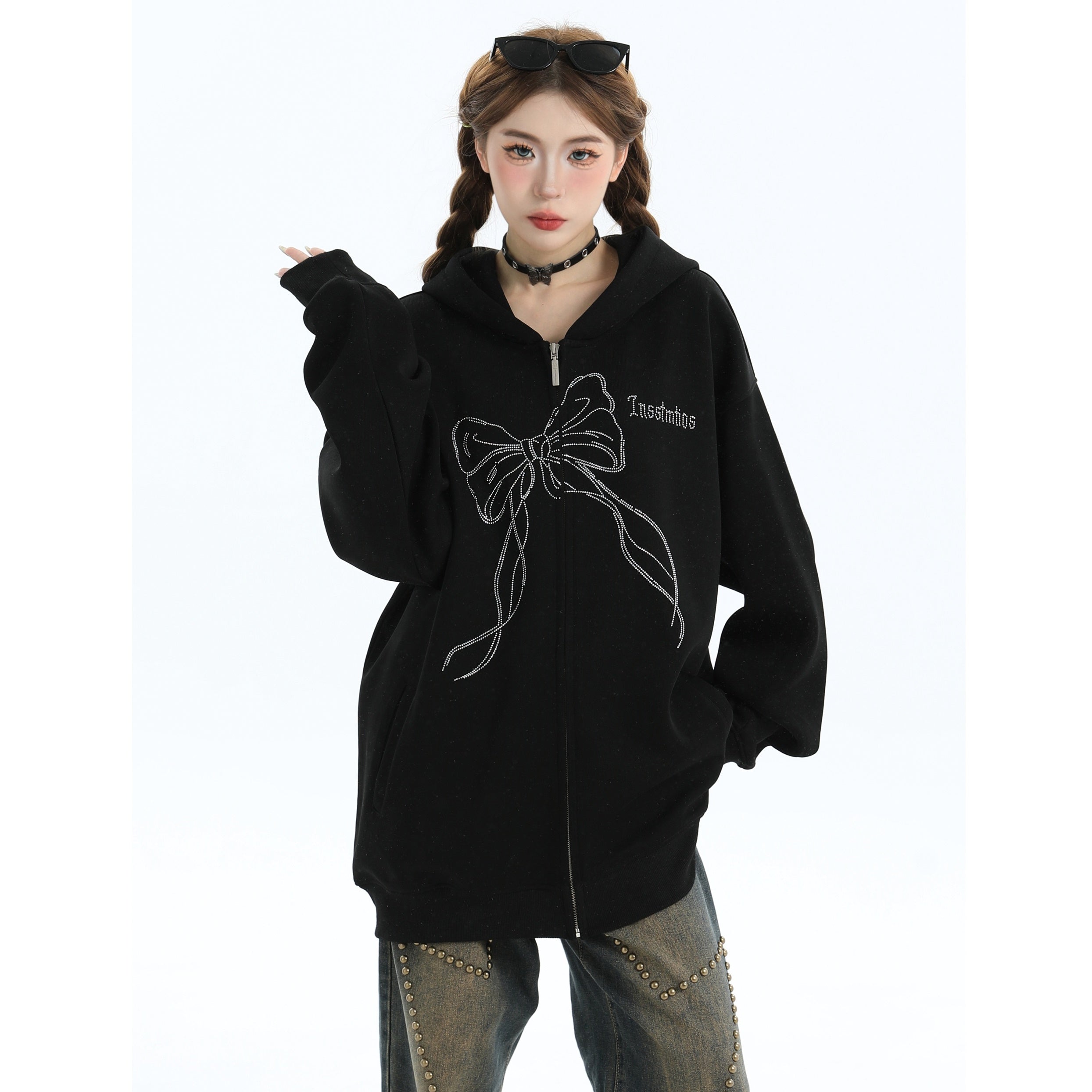 Rhinestone Bow Logo Loose Hooded Zip Parka IN7012