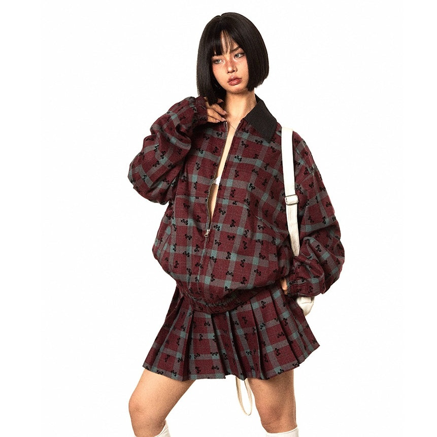 【上下別売り】Bow Print Contrast Plaid Jacket & Pleated Short Skirt Set-up MW9494