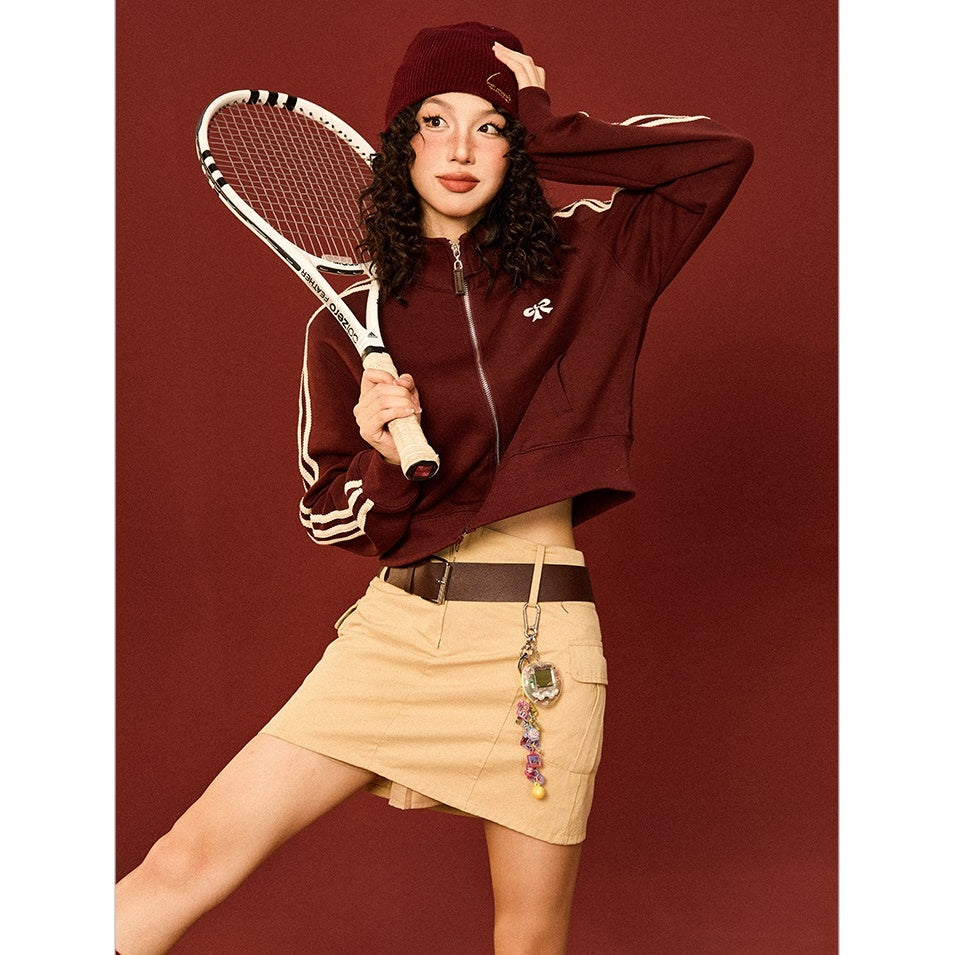 Retro College Bow Embroidery Cropped Track Jacket MW9430