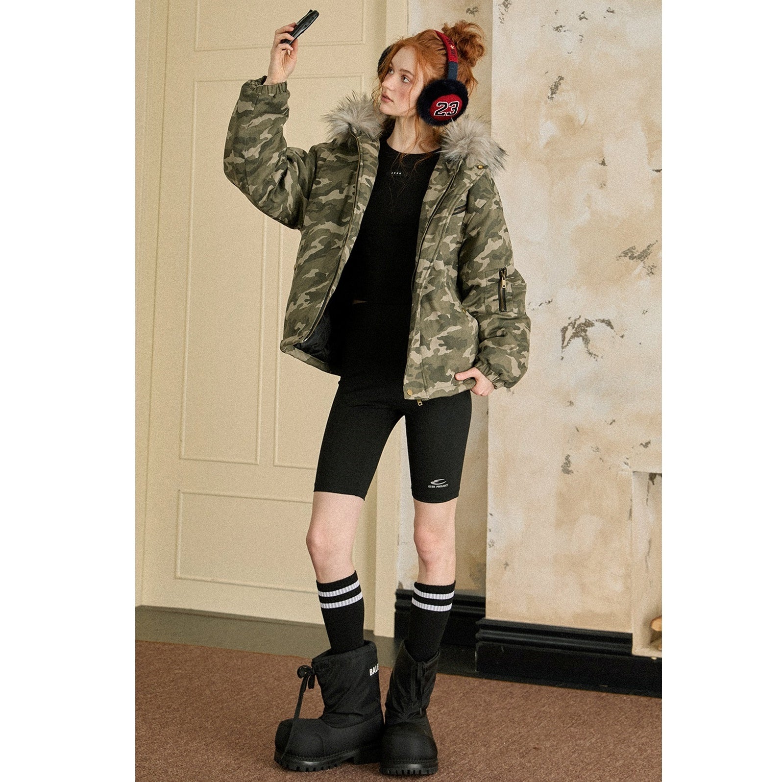 Fur Stitch Camouflage Hooded Zip Coat EZ179