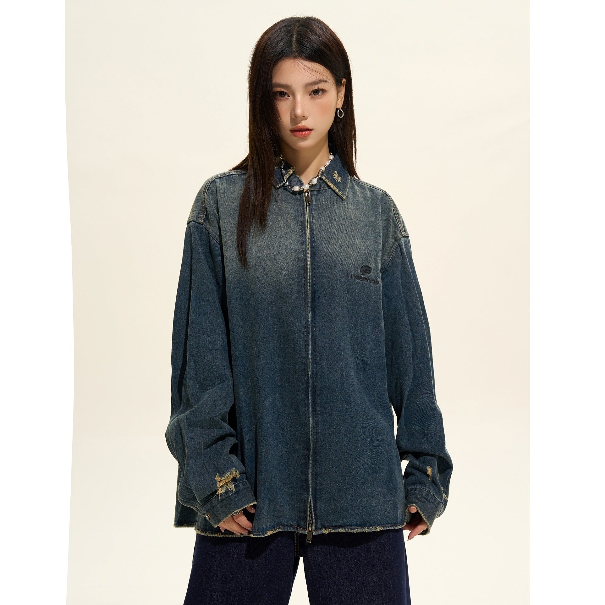 Gradient Zip Ripped Denim Jacket MW9368