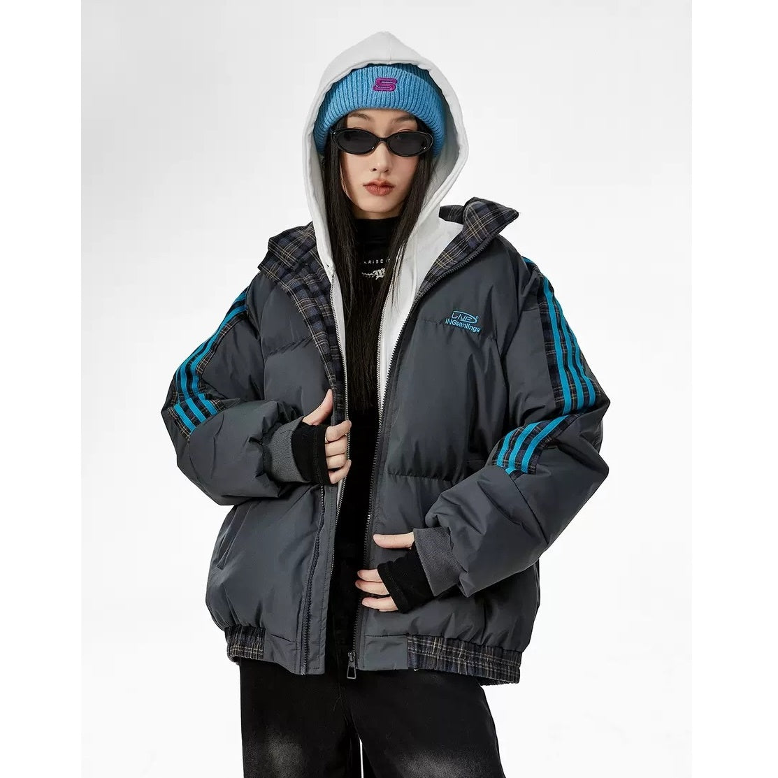 Contrast Check Striped Stand Collar Padded Jacket IC9003