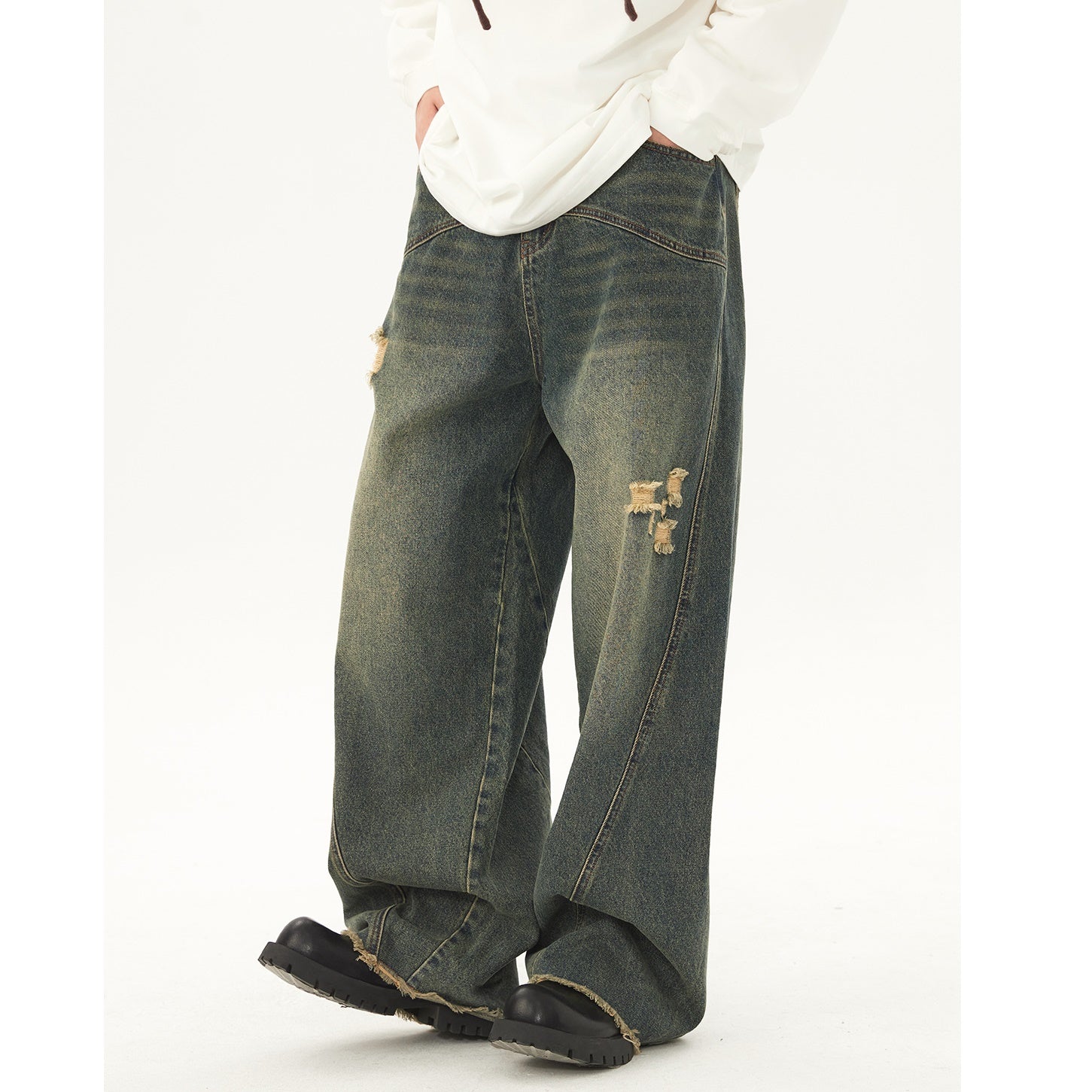 retro washed ripped raw edge straight jeans NJ7002