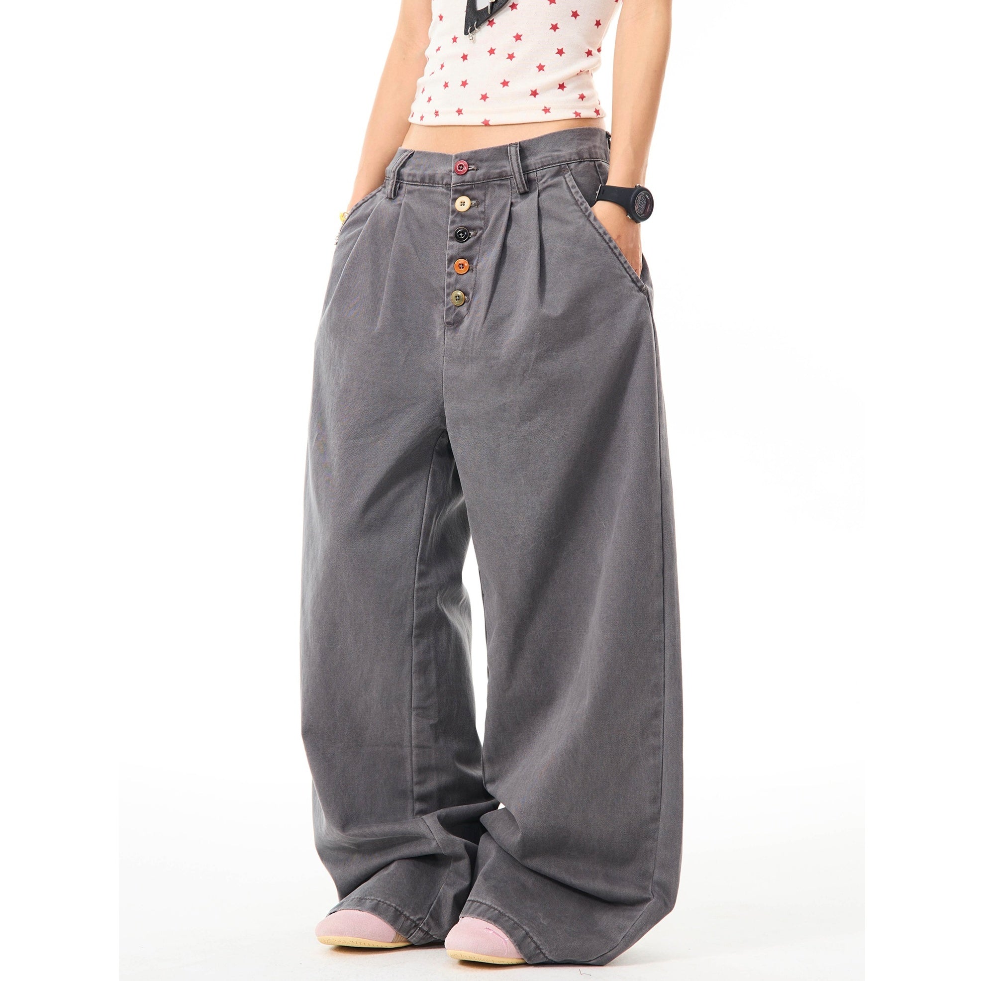 Color Button Wide Straight Pants MW10099
