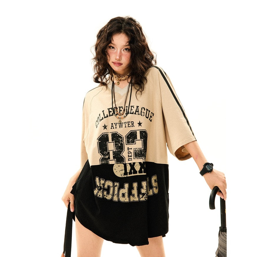 V-Neck Bicolor College Design OverSize T-shirt YS7004