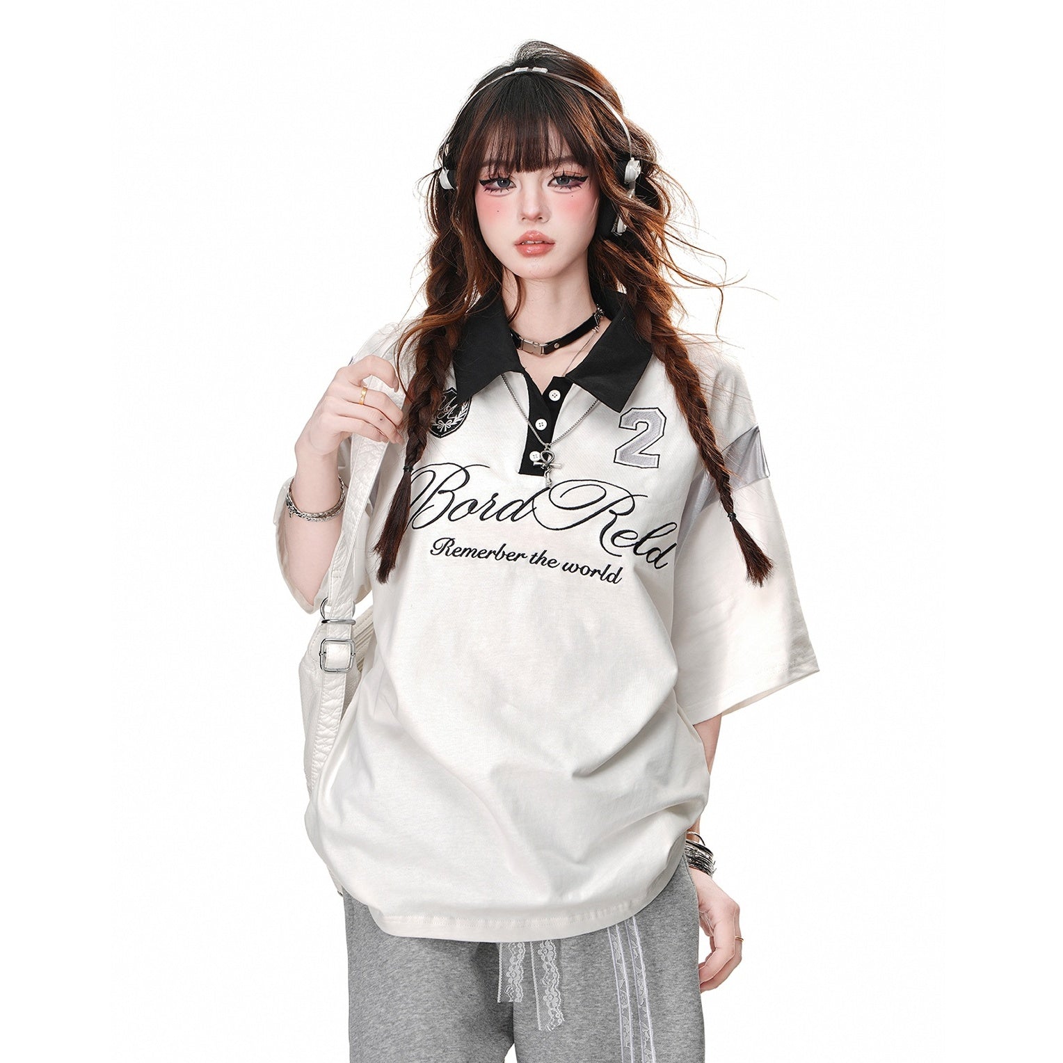 Bicolor Polo Collar Loose T-shirt KK2050