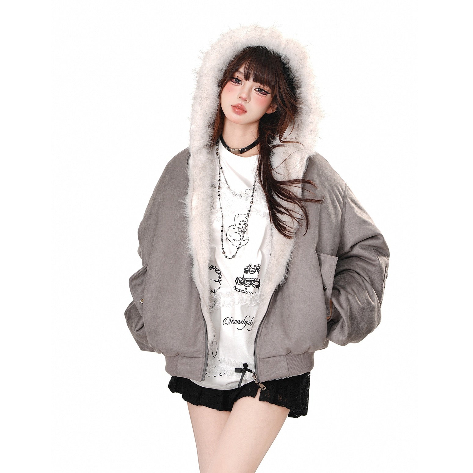 Hooded Reversible Plush Jacket KK2022