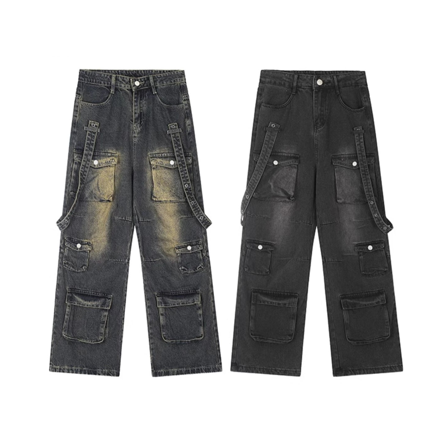 Strap Distressed Washed Multi-pocket Cargo Jeans MW9060