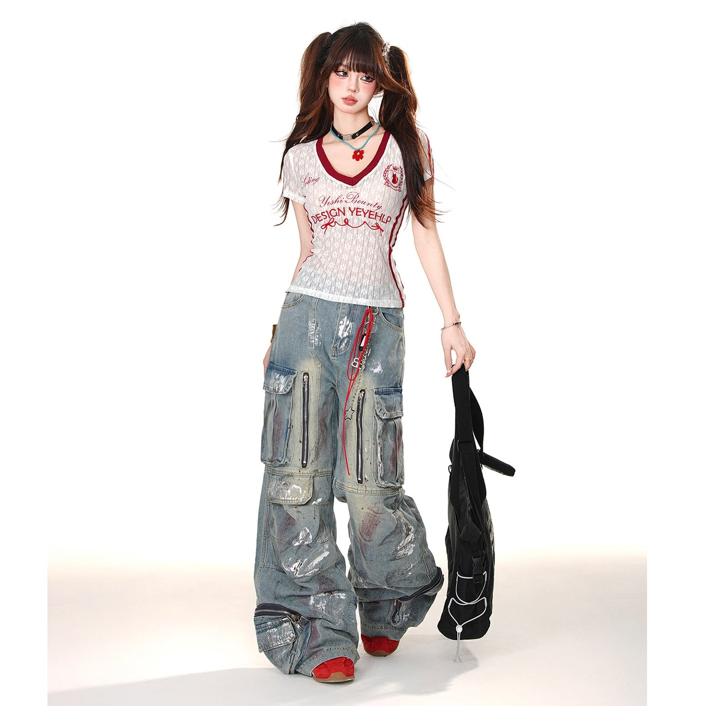 Paint Wide-Leg Zipper Cargo Jeans KK2055