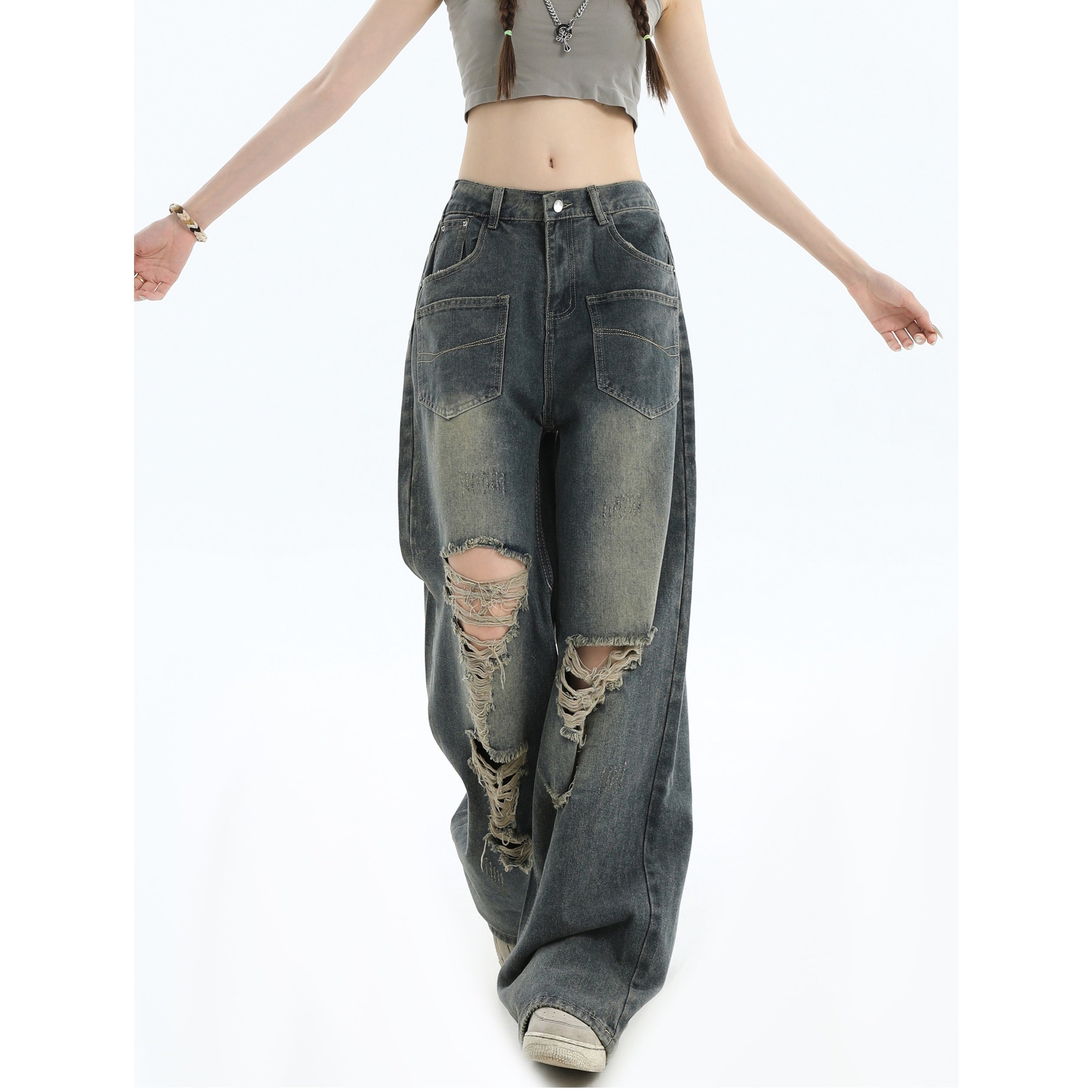 Gradient Ripped Wash Front Pocket Loose Jeans MW9361