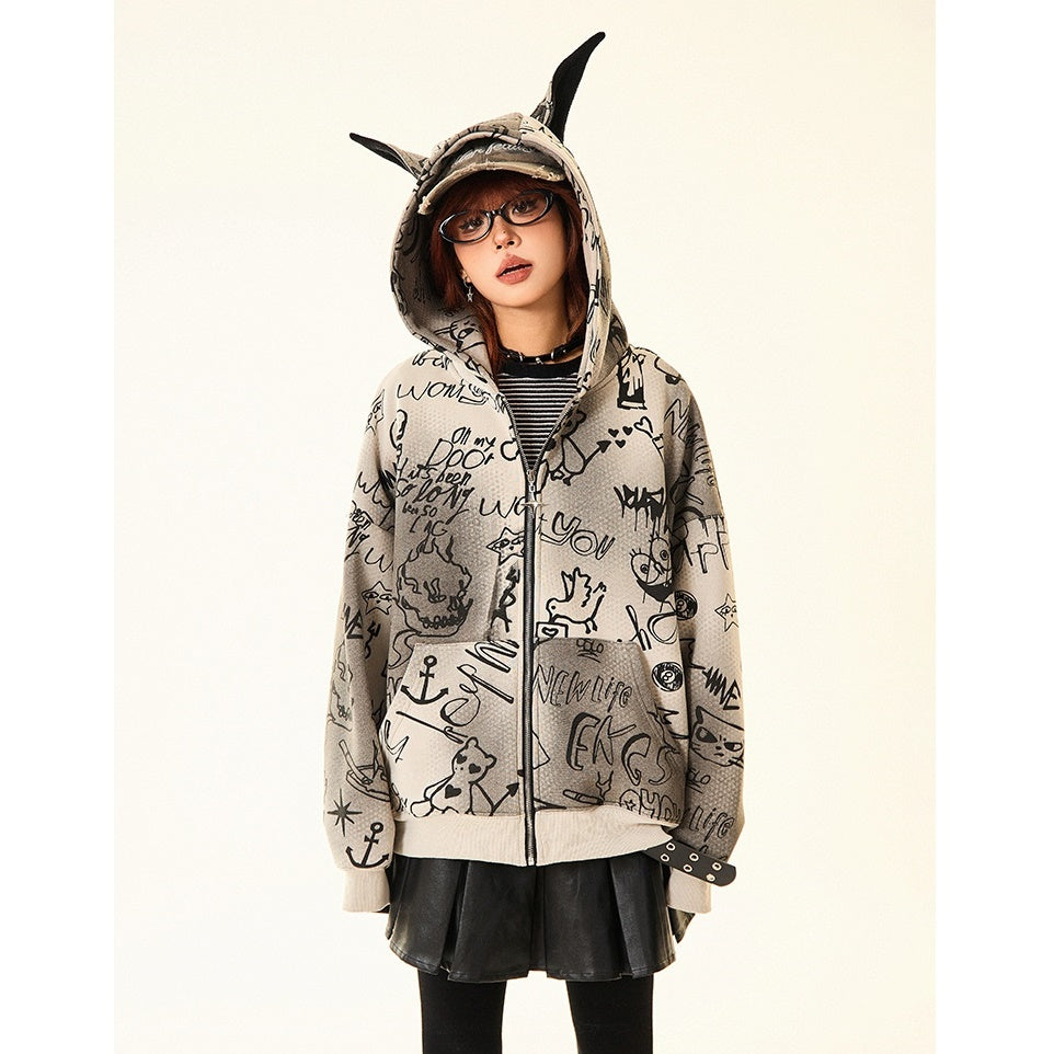 Doberman Ear Hooded Graphic Print Zip-Up Parka MW9701