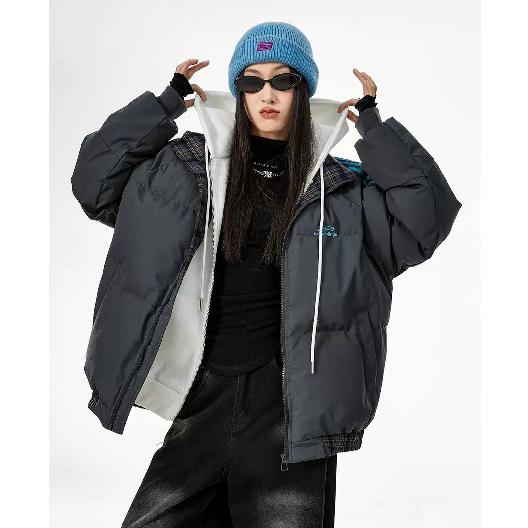 Contrast Check Striped Stand Collar Padded Jacket IC9003