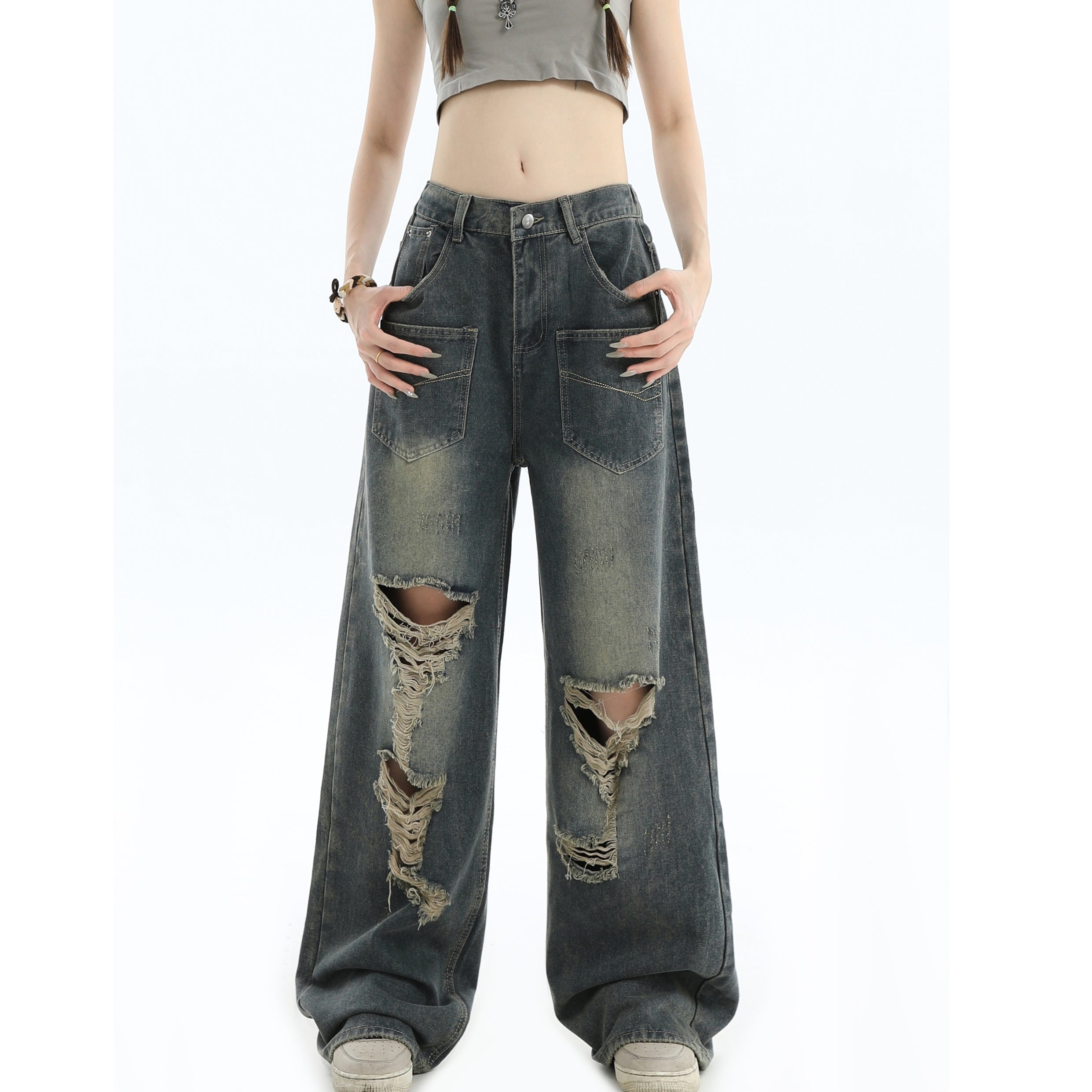 Gradient Ripped Wash Front Pocket Loose Jeans MW9361