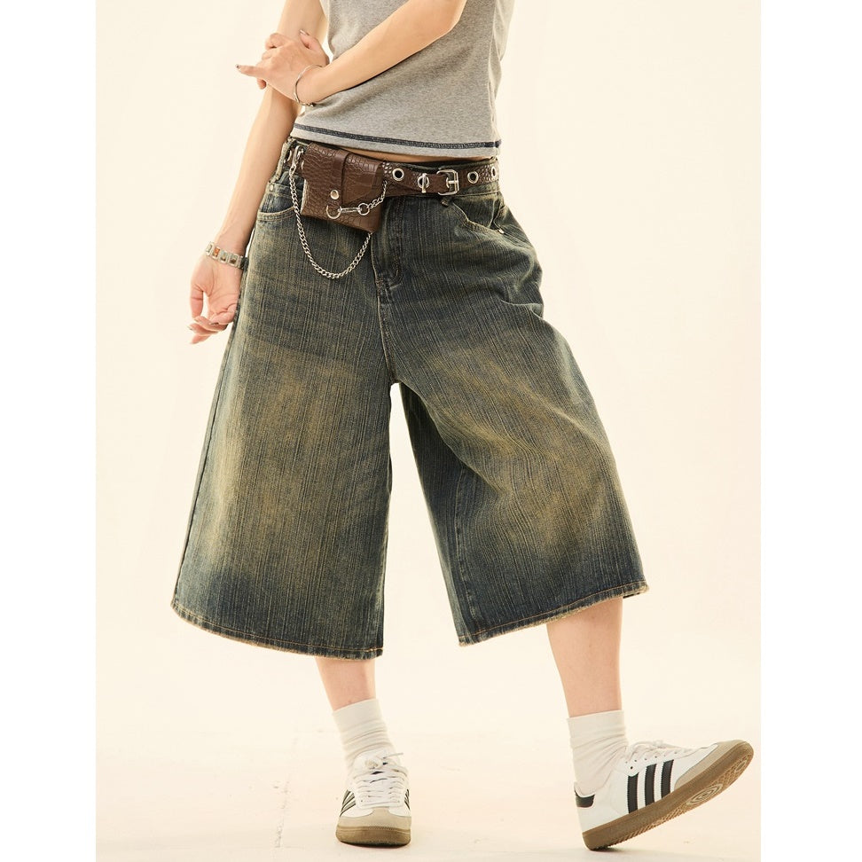 Vintage Wash Distressed Denim Wide-leg Cropped Pants MW9267