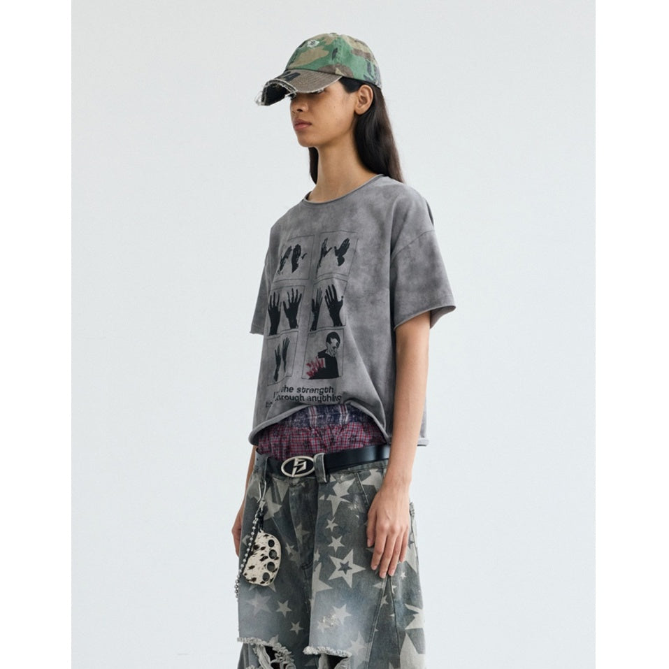 Vintage Cropped Print Washed T-shirt PS7014