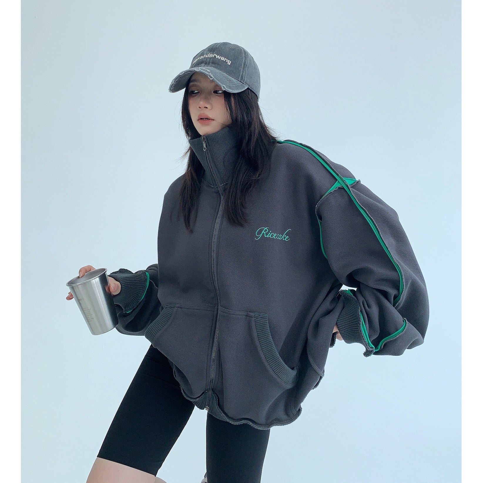 ジャケット・アウター mwc Oversize Embroidered Stand Collar Zip Jacket MW9347