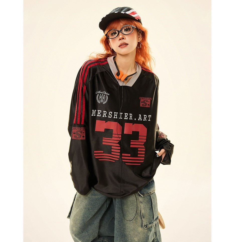 V-neck Sports Style Jersey Long-sleeved T-shirt MW9285