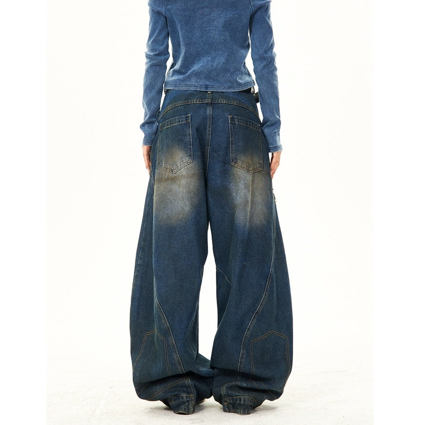 Retro Washed Ripped Stitch Design Loose Jeans YS7007