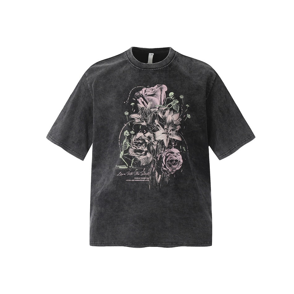 Skull Rose Print Wash Loose T-shirt MW9951