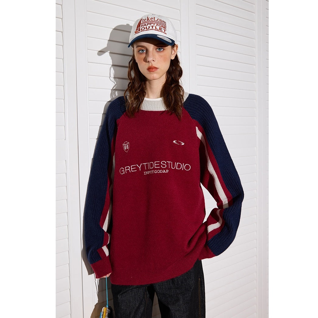 Color Stitching Crew Neck Retro Sweater MW9471