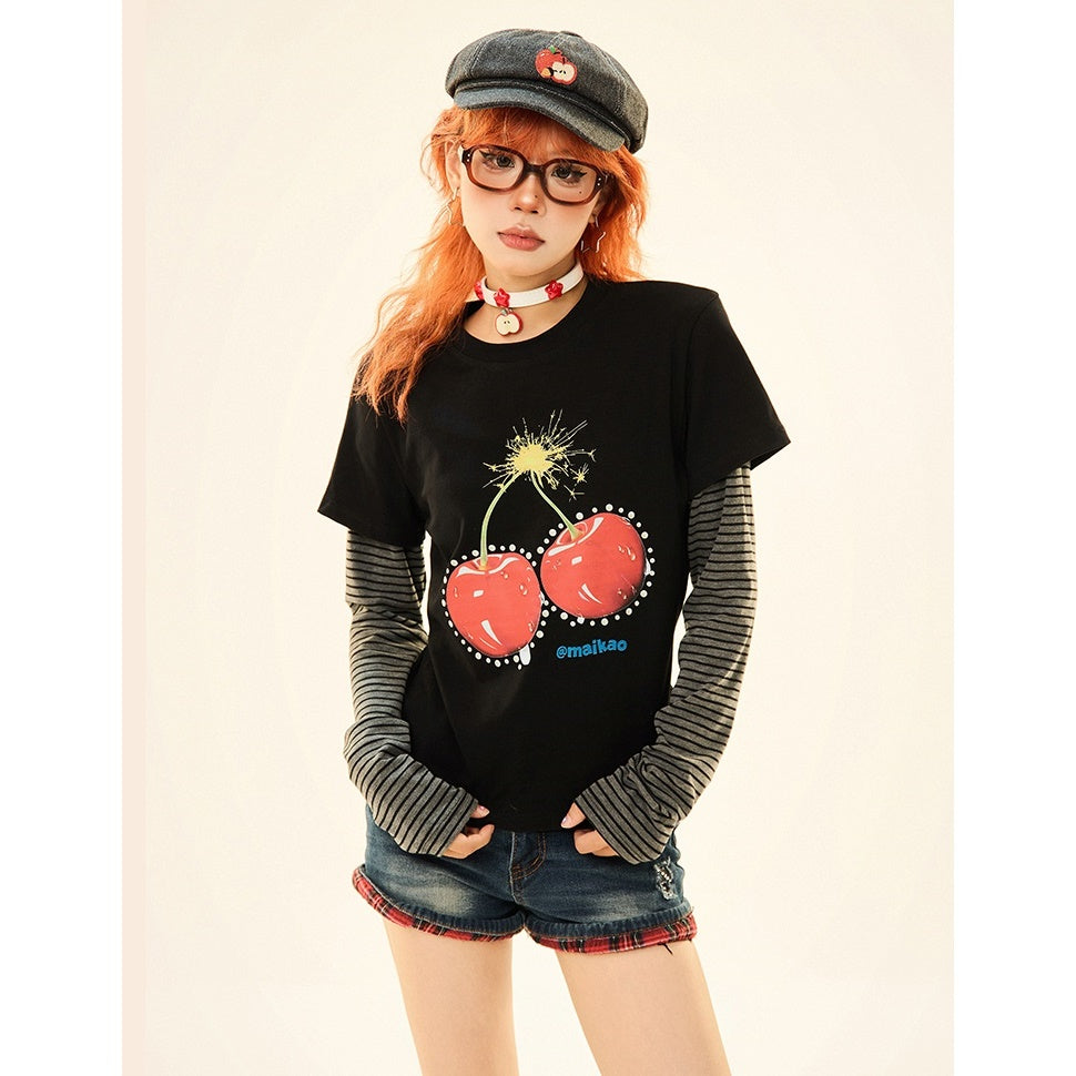 Cherry Print Fake Layered Long Sleeve T-Shirt MW9330