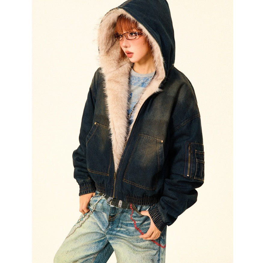 Fluffy Fur Denim Hooded Jacket MW9703