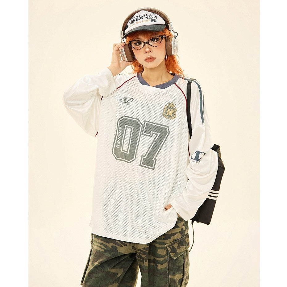 Letter Print Mesh Switching Long Sleeve T-shirt MW9345