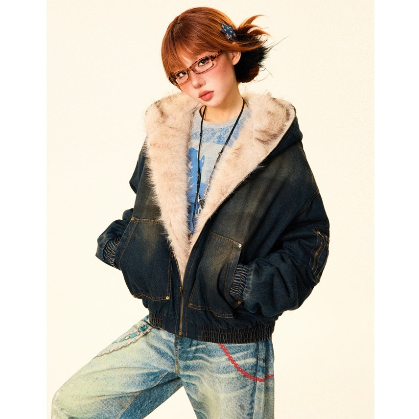 Fluffy Fur Denim Hooded Jacket MW9703