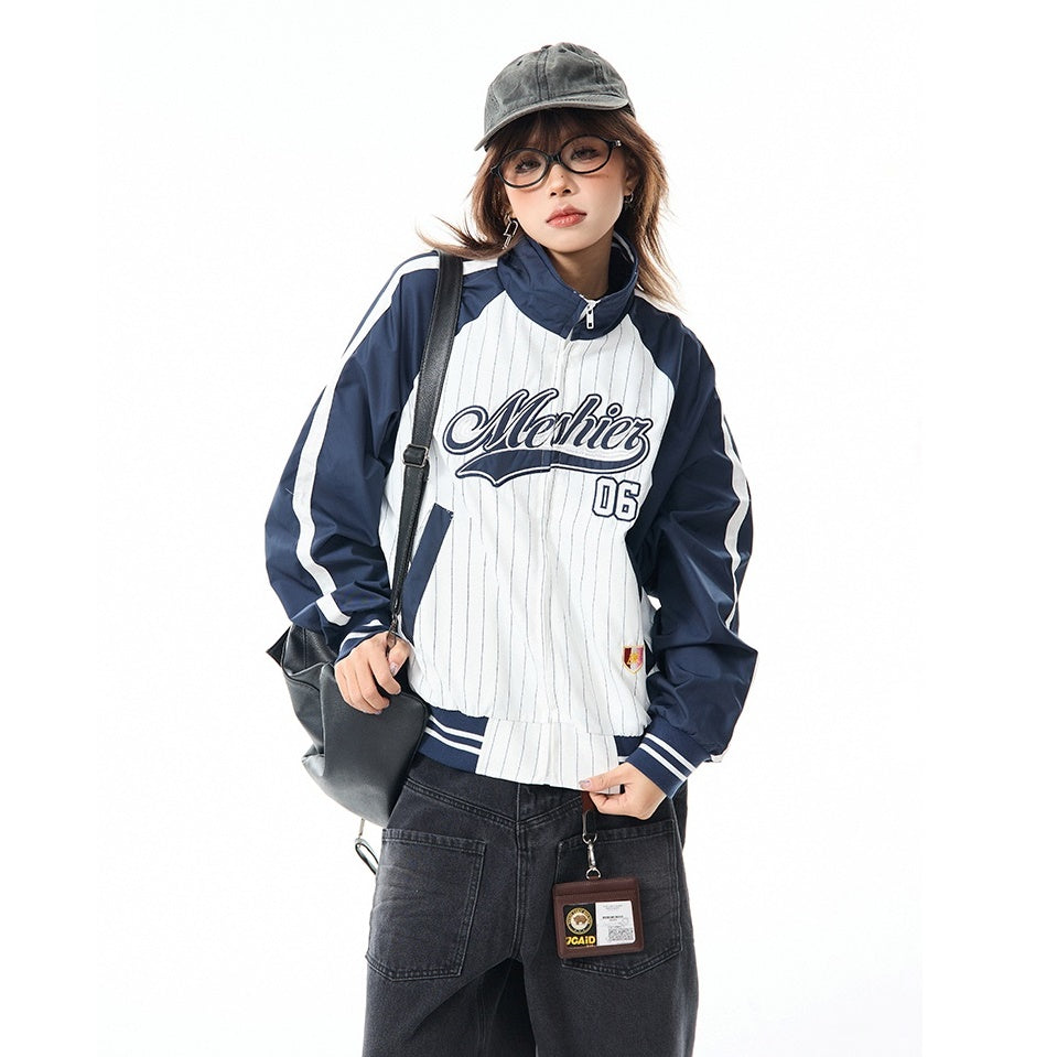 Baseball Style Color-block Stand Collar Jacket MW9799