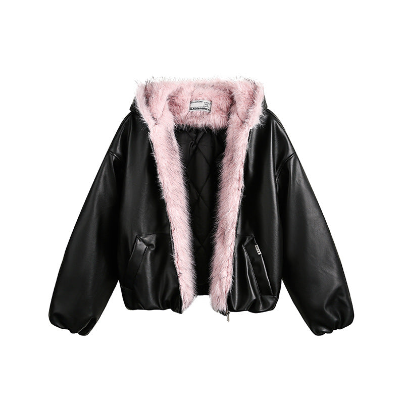 Fur Collar PU Hooded Jacket VI2014