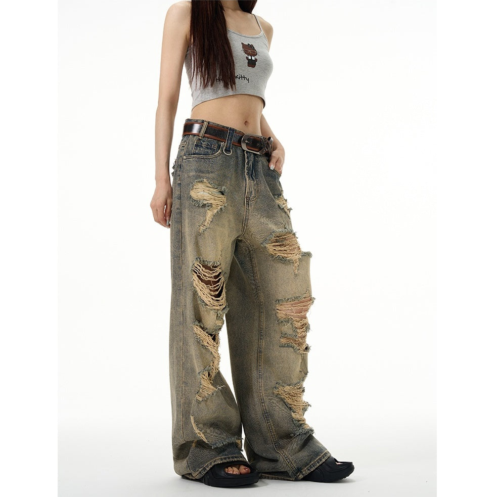 Vintage Style Ripped Wide-leg Straight Jeans MW9100